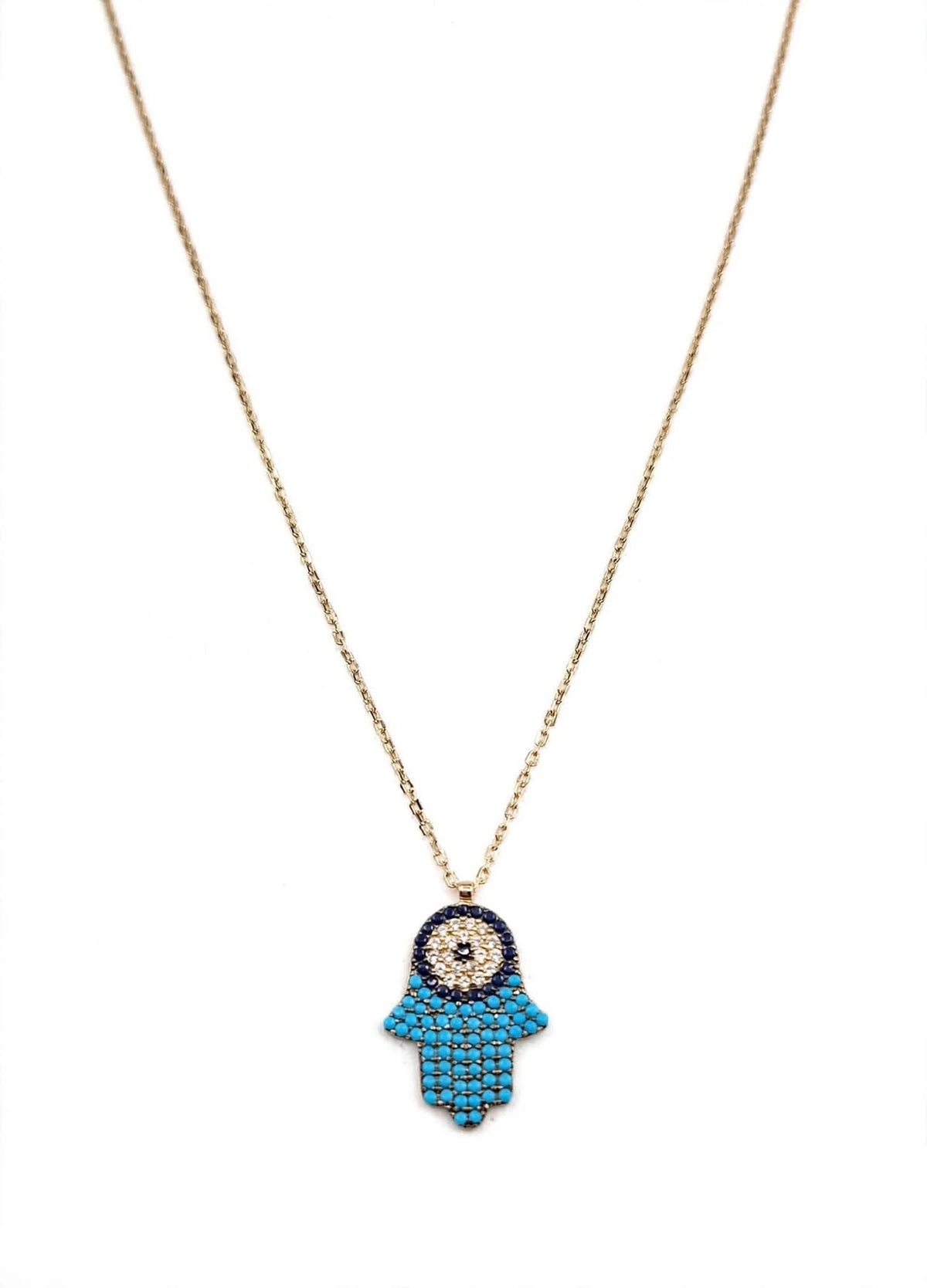 Gargantilla con Dije Mano de Fatima con Piedras 14k