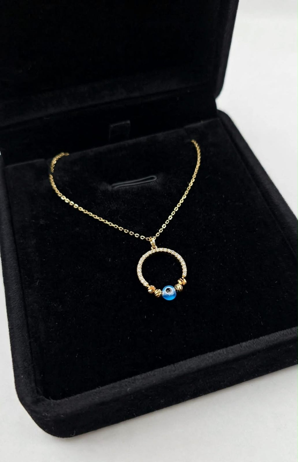 Gargantilla con Aros de la Suerte y Ojo Turco 14k